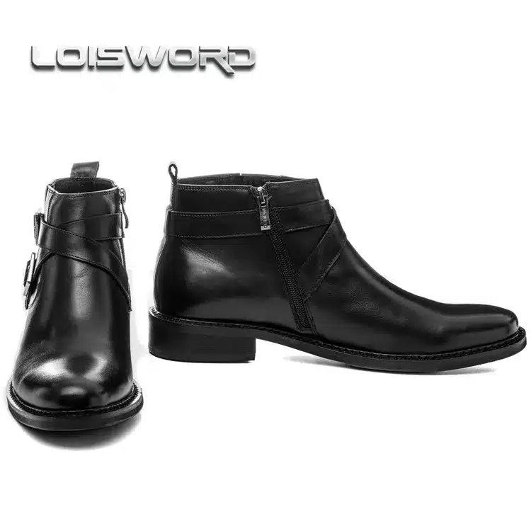 LOISWORD Large size EUR46 black / Brown tan double buckle mens ankle boots genuine leather business boots mens dress shoes 6