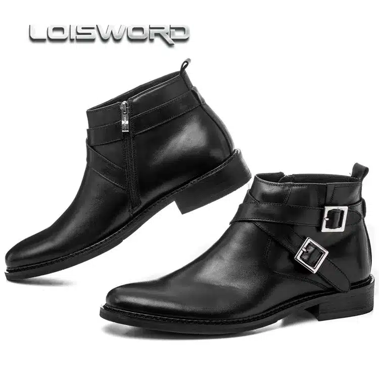 LOISWORD Large size EUR46 black / Brown tan double buckle mens ankle boots genuine leather business boots mens dress shoes 7