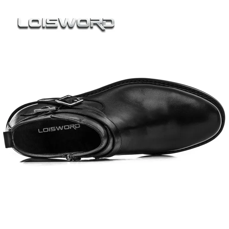 LOISWORD Large size EUR46 black / Brown tan double buckle mens ankle boots genuine leather business boots mens dress shoes 9
