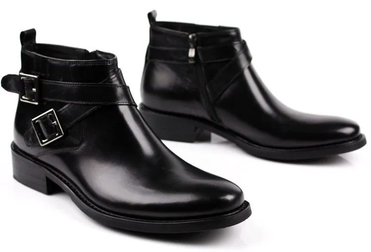Large size EUR46 fashion brand black/brown tan double buckle business mens boots genuine leather dress boots mens ankle boots 40