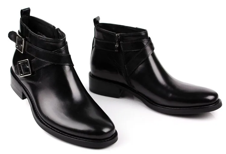 Large size EUR46 fashion brand black/brown tan double buckle business mens boots genuine leather dress boots mens ankle boots 47