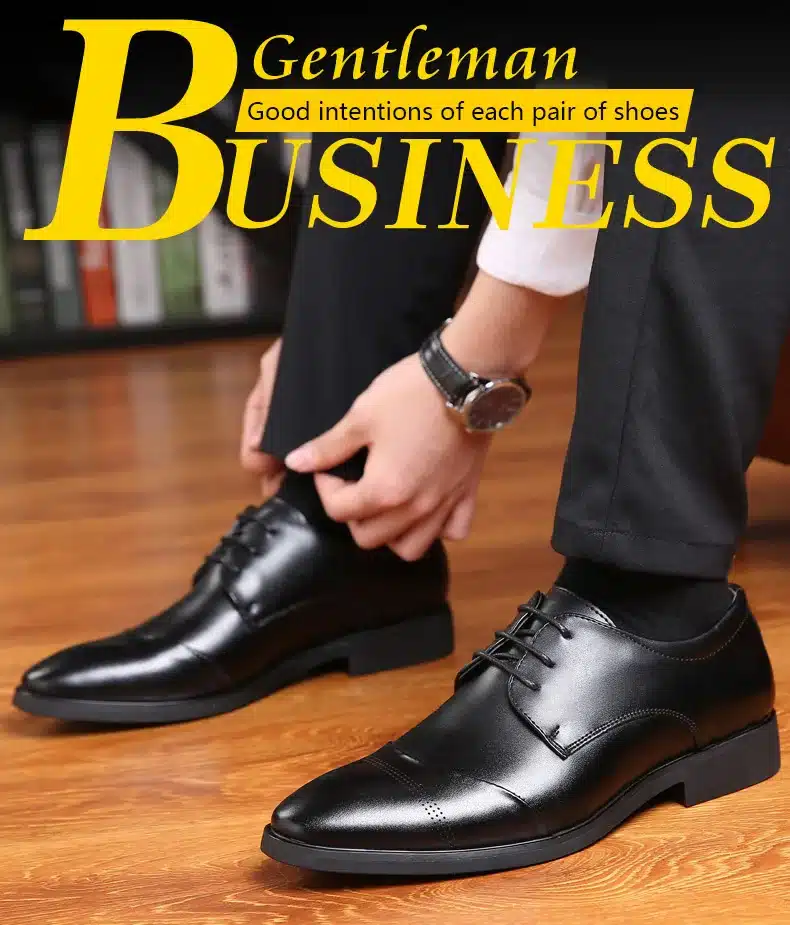 BIMUDUIYU 38-47 High Quality Leather Dress Shoes Tide Pointed England Style Business Wedding Formal Flats Black Shoes For Men 14