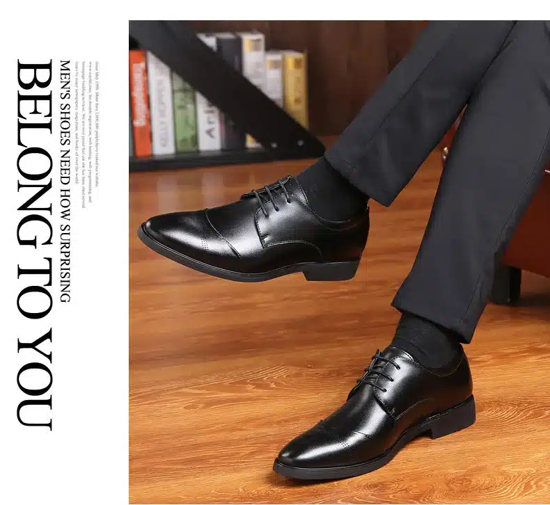 BIMUDUIYU 38-47 High Quality Leather Dress Shoes Tide Pointed England Style Business Wedding Formal Flats Black Shoes For Men 23