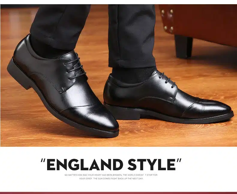 BIMUDUIYU 38-47 High Quality Leather Dress Shoes Tide Pointed England Style Business Wedding Formal Flats Black Shoes For Men 25