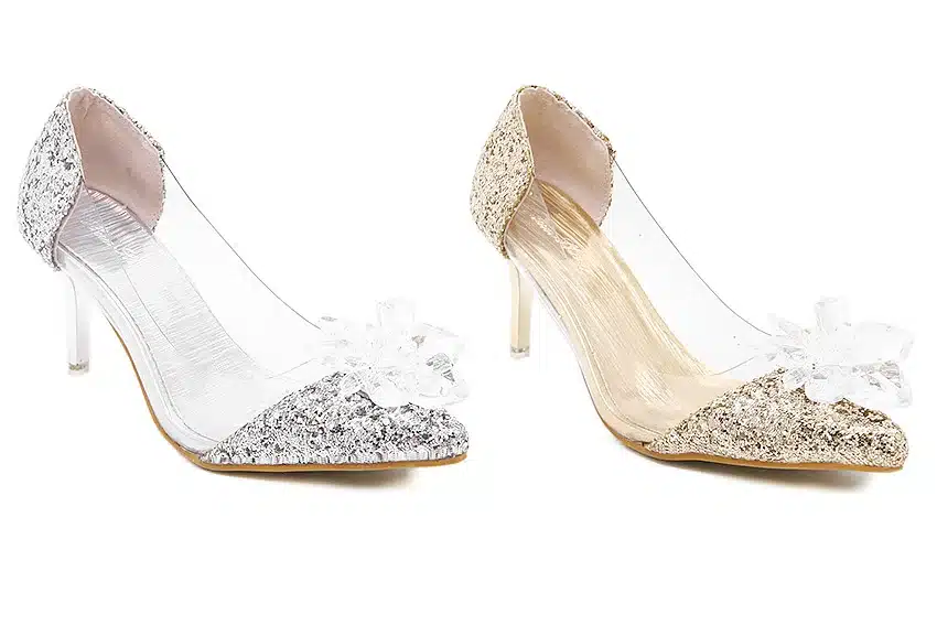 Plus Size Cinderella Shoes Low Heels Ladies Pumps Women Wedding Party Shoes Thin Heel Rhinestone Butterfly Crystal Dress Shoes 21