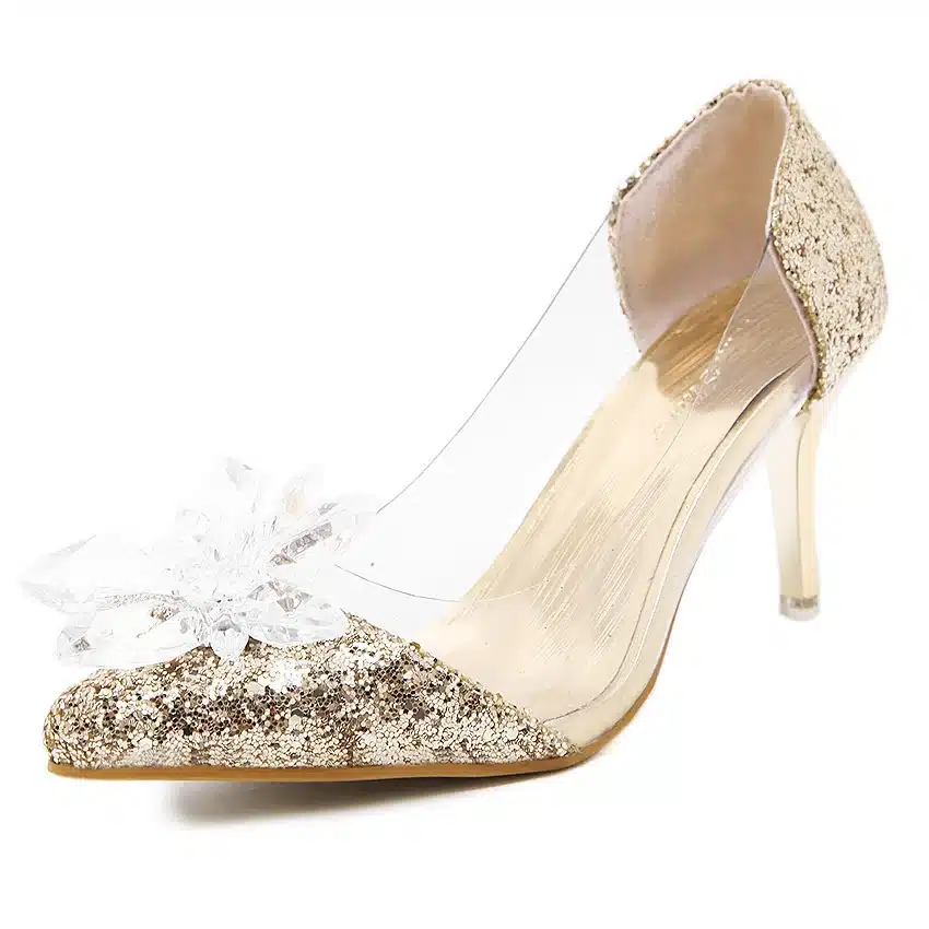 Plus Size Cinderella Shoes Low Heels Ladies Pumps Women Wedding Party Shoes Thin Heel Rhinestone Butterfly Crystal Dress Shoes 22