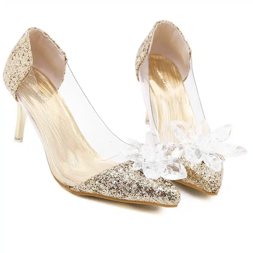 Plus Size Cinderella Shoes Low Heels Ladies Pumps Women Wedding Party Shoes Thin Heel Rhinestone Butterfly Crystal Dress Shoes 24