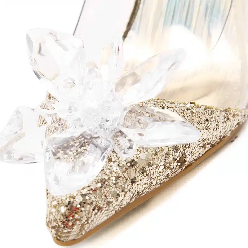 Plus Size Cinderella Shoes Low Heels Ladies Pumps Women Wedding Party Shoes Thin Heel Rhinestone Butterfly Crystal Dress Shoes 25