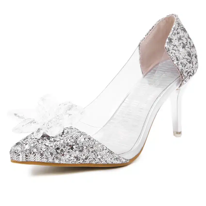 Plus Size Cinderella Shoes Low Heels Ladies Pumps Women Wedding Party Shoes Thin Heel Rhinestone Butterfly Crystal Dress Shoes 27