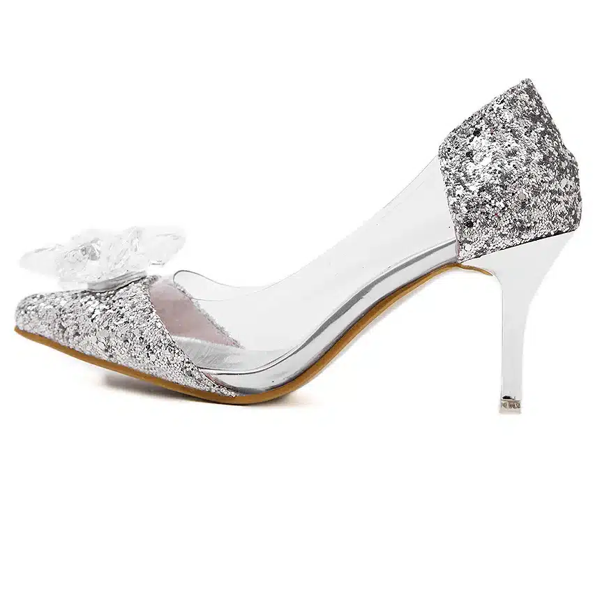 Plus Size Cinderella Shoes Low Heels Ladies Pumps Women Wedding Party Shoes Thin Heel Rhinestone Butterfly Crystal Dress Shoes 28