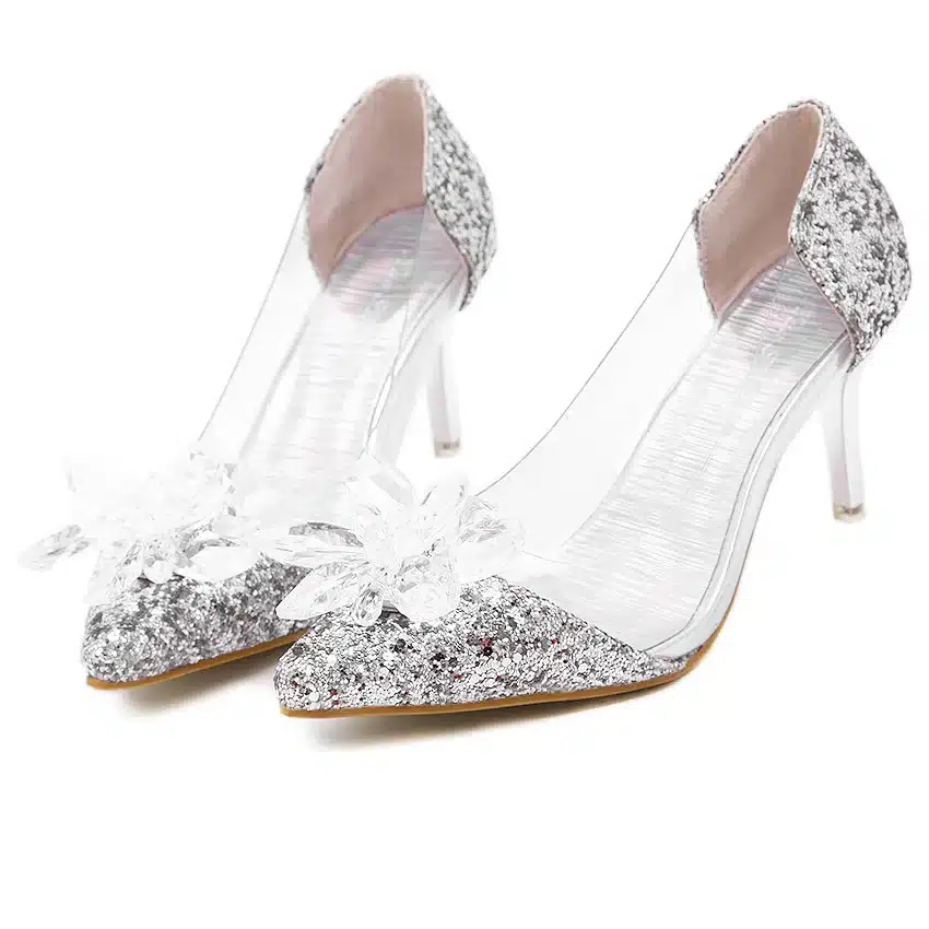 Plus Size Cinderella Shoes Low Heels Ladies Pumps Women Wedding Party Shoes Thin Heel Rhinestone Butterfly Crystal Dress Shoes 29