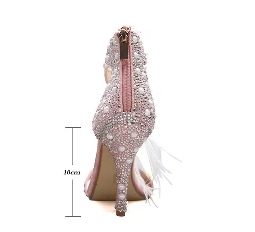 Genuine Leather Women Sandals Pumps Summer Brand Fur Rhinestone Feather High Heel White Women Wedding Pumps Shoes Plus Size 43 13