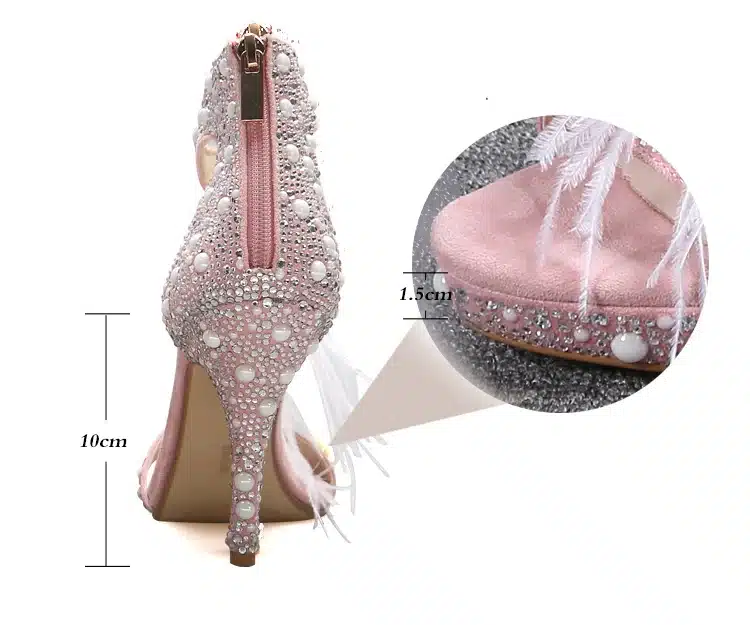 Genuine Leather Women Sandals Pumps Summer Brand Fur Rhinestone Feather High Heel White Women Wedding Pumps Shoes Plus Size 43 14