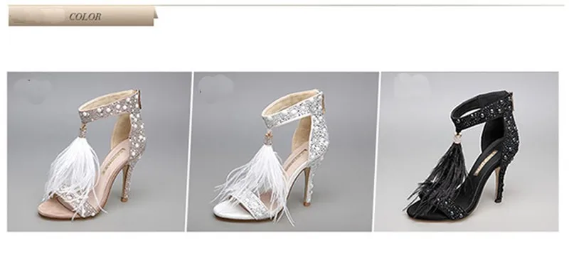 Genuine Leather Women Sandals Pumps Summer Brand Fur Rhinestone Feather High Heel White Women Wedding Pumps Shoes Plus Size 43 15