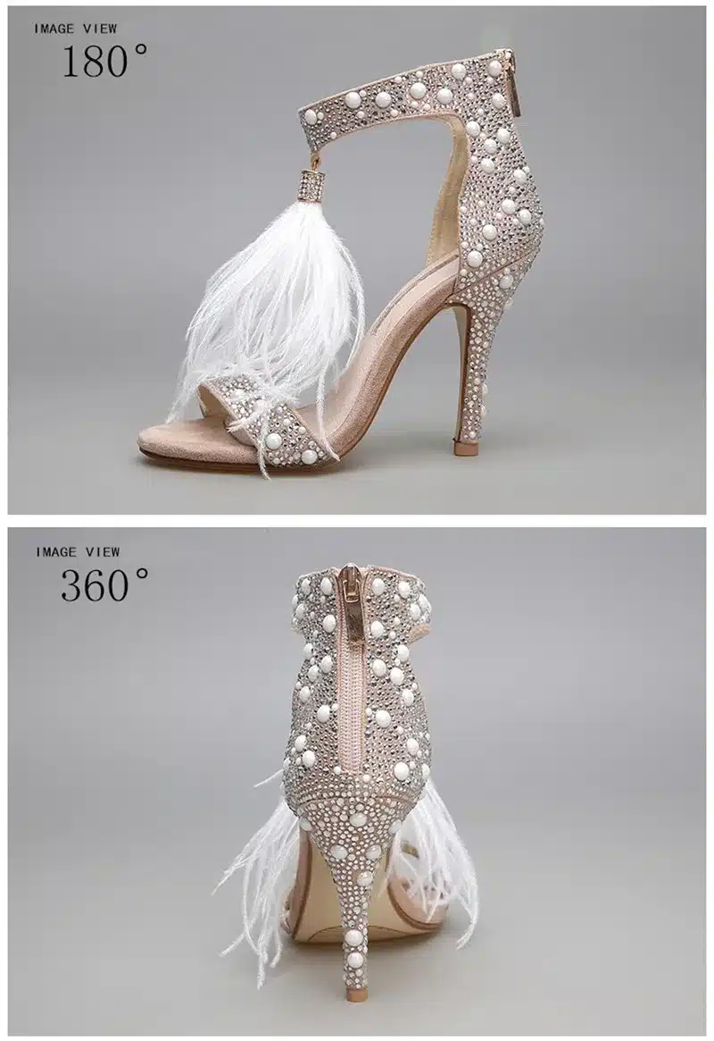 Genuine Leather Women Sandals Pumps Summer Brand Fur Rhinestone Feather High Heel White Women Wedding Pumps Shoes Plus Size 43 16