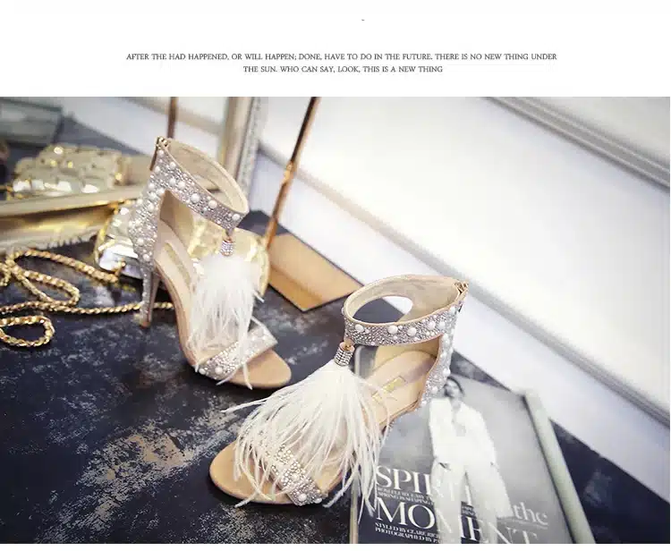 Genuine Leather Women Sandals Pumps Summer Brand Fur Rhinestone Feather High Heel White Women Wedding Pumps Shoes Plus Size 43 21