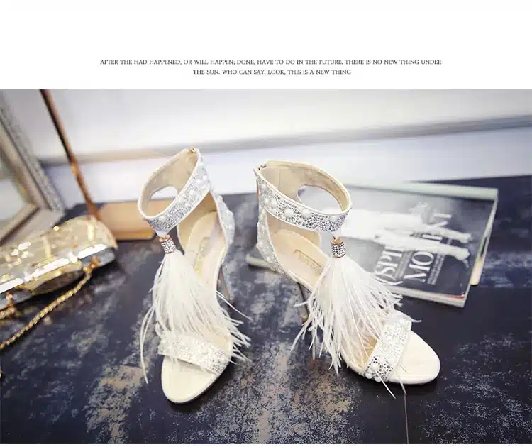 Genuine Leather Women Sandals Pumps Summer Brand Fur Rhinestone Feather High Heel White Women Wedding Pumps Shoes Plus Size 43 22