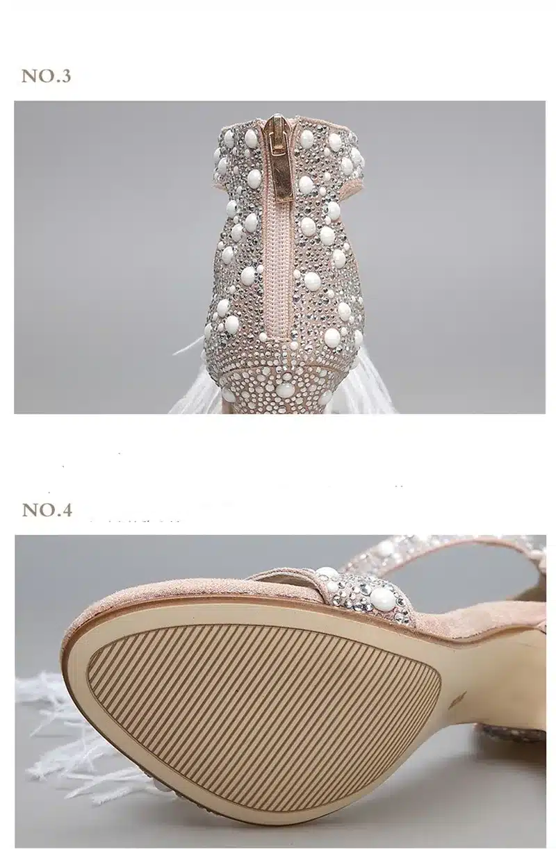 Genuine Leather Women Sandals Pumps Summer Brand Fur Rhinestone Feather High Heel White Women Wedding Pumps Shoes Plus Size 43 26