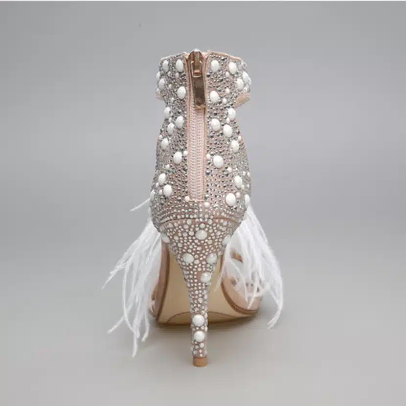 Genuine Leather Women Sandals Pumps Summer Brand Fur Rhinestone Feather High Heel White Women Wedding Pumps Shoes Plus Size 43 27