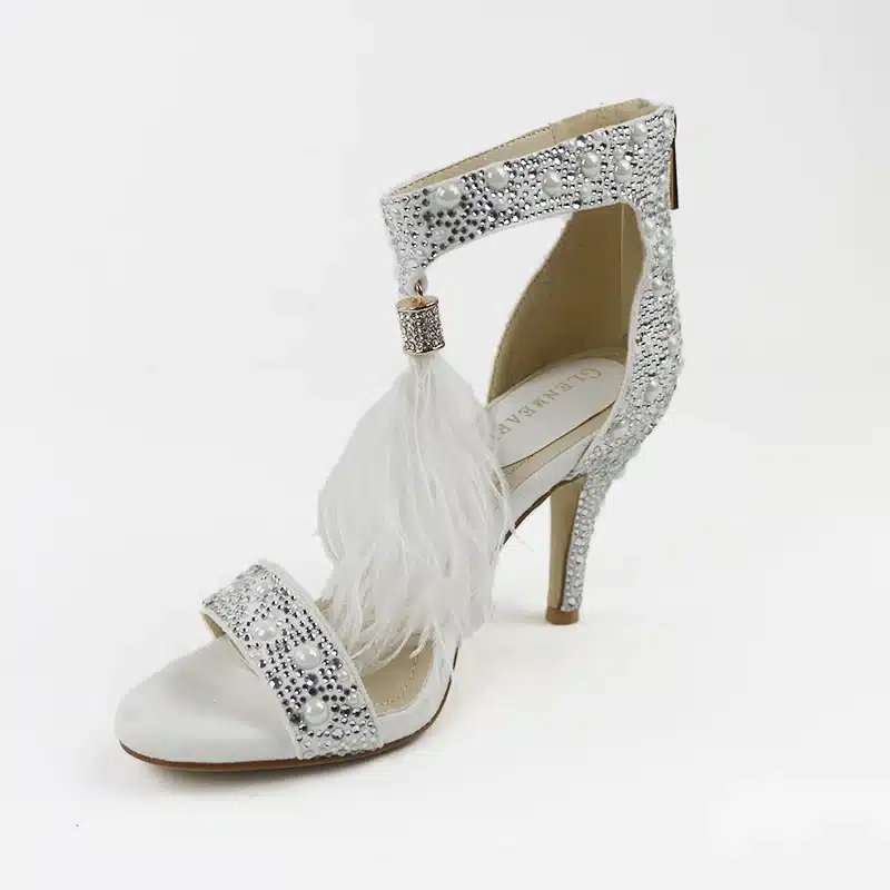 Genuine Leather Women Sandals Pumps Summer Brand Fur Rhinestone Feather High Heel White Women Wedding Pumps Shoes Plus Size 43 28
