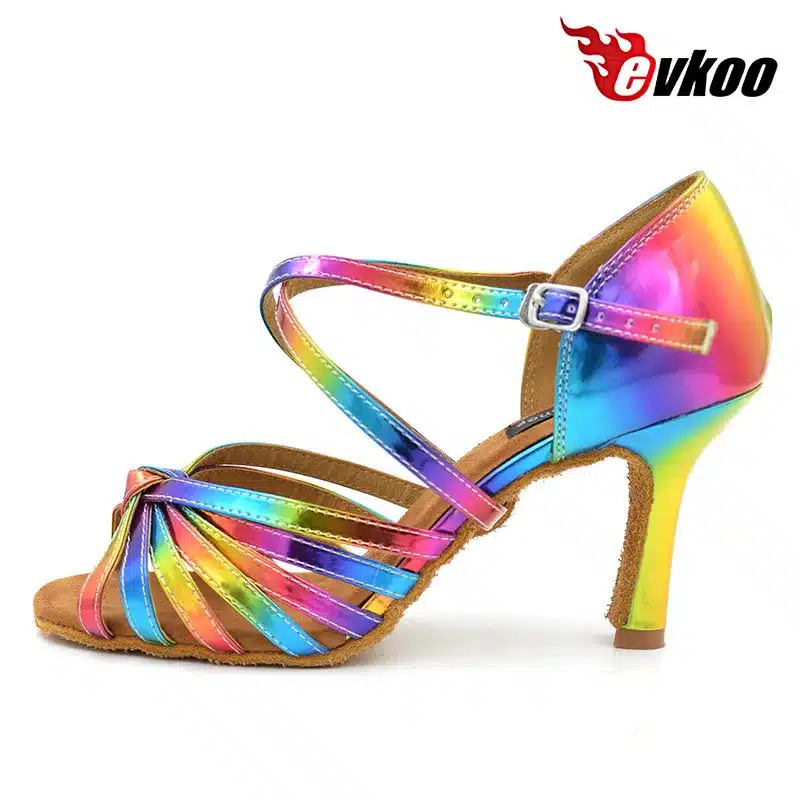 Free Shipping Latin salsa shoes lady evkoodance Rainbow Color 2016 leather 8.3cm Heel Ballroom Latin Dance Shoes women Evkoo-074 13