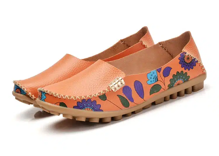 2017 New Design Print Flower Women's Casual Shoes High Quality Genuine Leather Women Flats Slip On Female Loafers Lady Boat Shoe 36