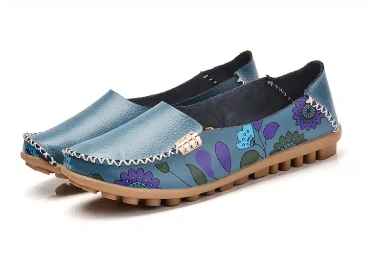 2017 New Design Print Flower Women's Casual Shoes High Quality Genuine Leather Women Flats Slip On Female Loafers Lady Boat Shoe 38