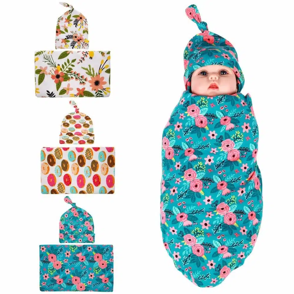Newborn Swaddle Blanket Headwrap Hospital Swaddled Set Floral Baby Swaddle Set Headband Baby Photo Prop Top Knots 1