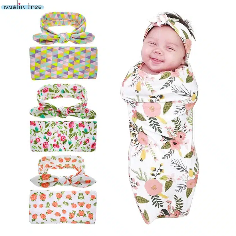 Newborn Swaddle Blanket Headwrap Hospital Swaddled Set Floral Baby Swaddle Set Headband Baby Photo Prop Top Knots 3