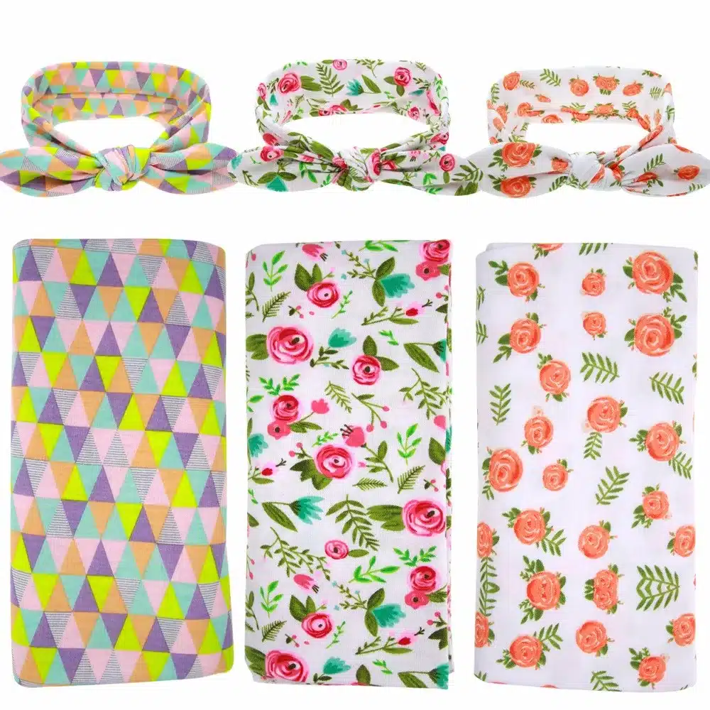 Newborn Swaddle Blanket Headwrap Hospital Swaddled Set Floral Baby Swaddle Set Headband Baby Photo Prop Top Knots 4