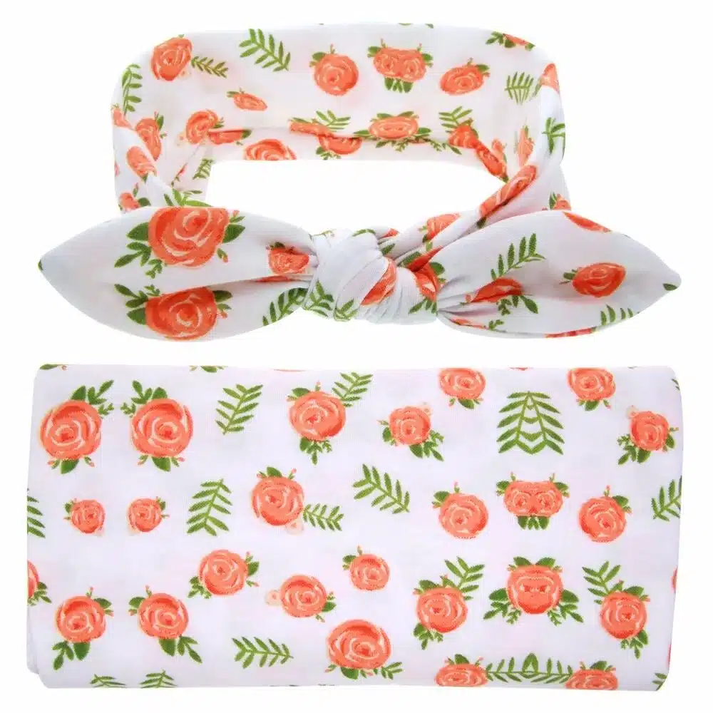 Newborn Swaddle Blanket Headwrap Hospital Swaddled Set Floral Baby Swaddle Set Headband Baby Photo Prop Top Knots 5