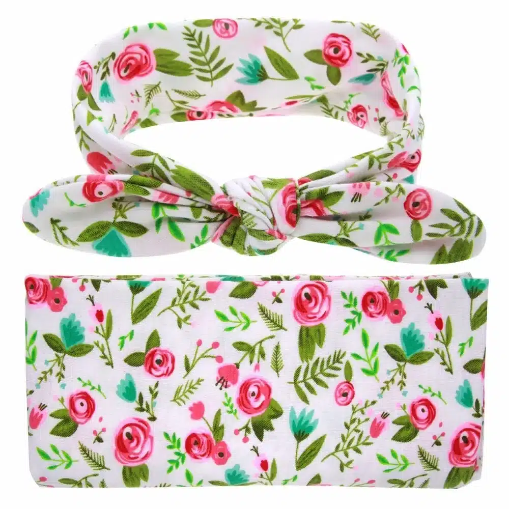 Newborn Swaddle Blanket Headwrap Hospital Swaddled Set Floral Baby Swaddle Set Headband Baby Photo Prop Top Knots 7
