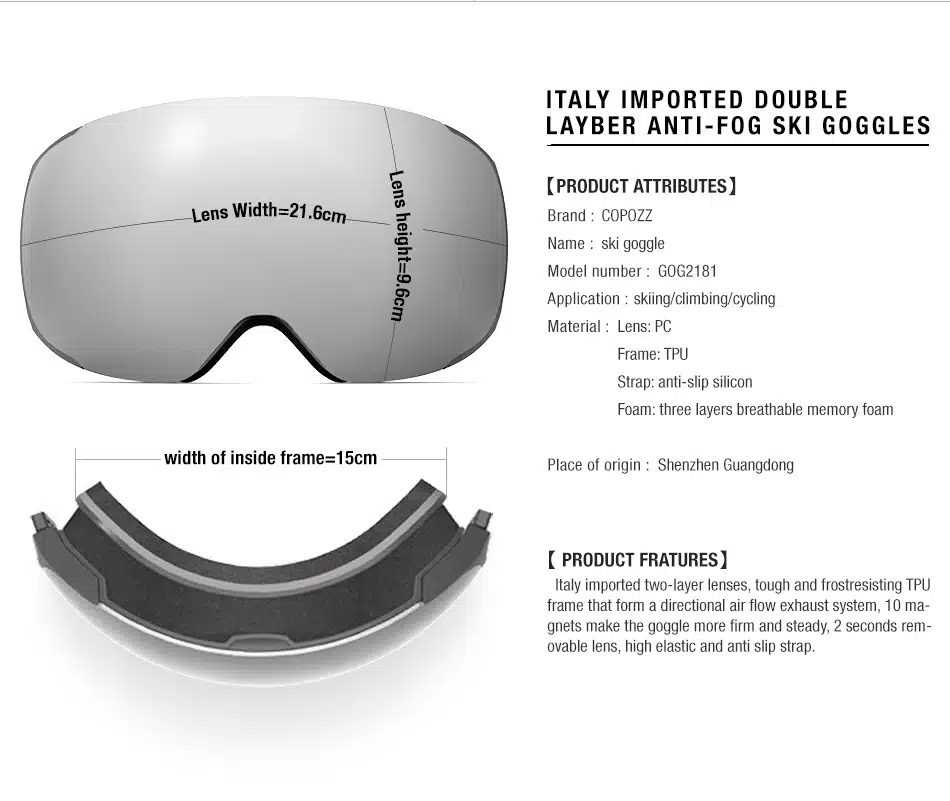 COPOZZ brand ski goggles replaceable magnetic lenses UV400 anti-fog ski mask skiing men women snow snowboard goggles GOG-2181 12