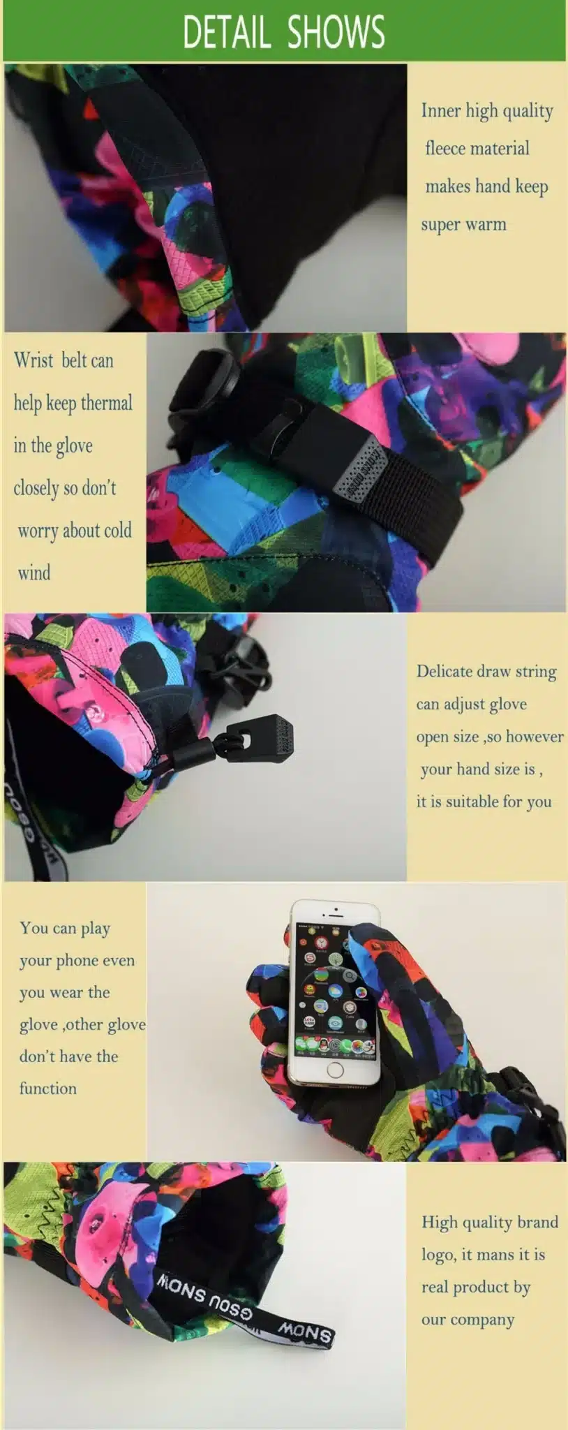 Gsou Snow Ski Gloves Men & Women Waterproof Winter Snow Snowboard Bright Color Motorcycle Riding Skiing Snowboarding Gloves 3