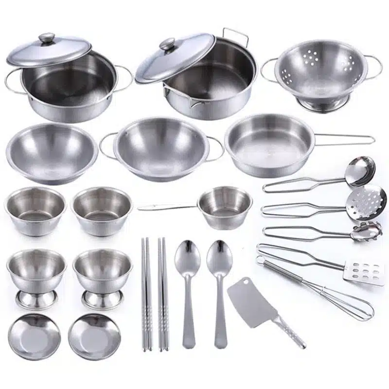 Espeon 25Pcs Stainless Steel Kids House Kitchen Toy Miniature Cooking Cookware Children Pretend & Play Kitchen Playset - Silver 12