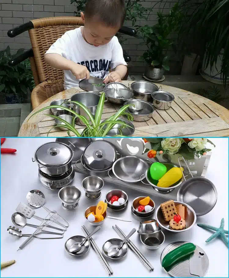 Espeon 25Pcs Stainless Steel Kids House Kitchen Toy Miniature Cooking Cookware Children Pretend & Play Kitchen Playset - Silver 20