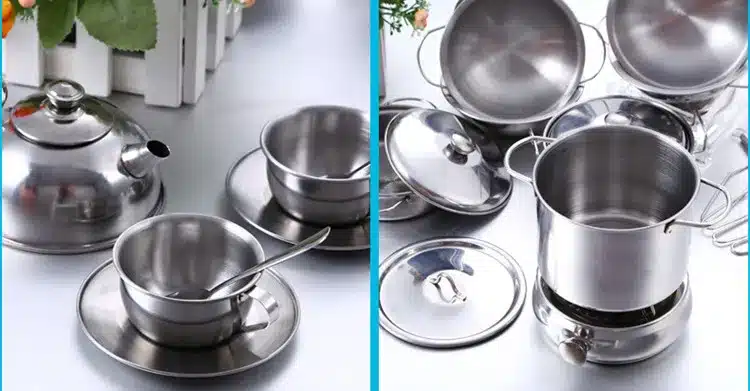 Espeon 25Pcs Stainless Steel Kids House Kitchen Toy Miniature Cooking Cookware Children Pretend & Play Kitchen Playset - Silver 21