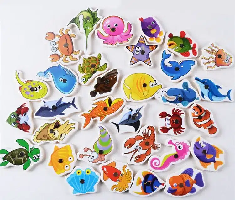 Baby Educational Toys 32Pcs Fish Wooden Magnetic Fishing Toy Set Fish Game Educational Fishing Toy Child Birthday/Christmas Gift 12