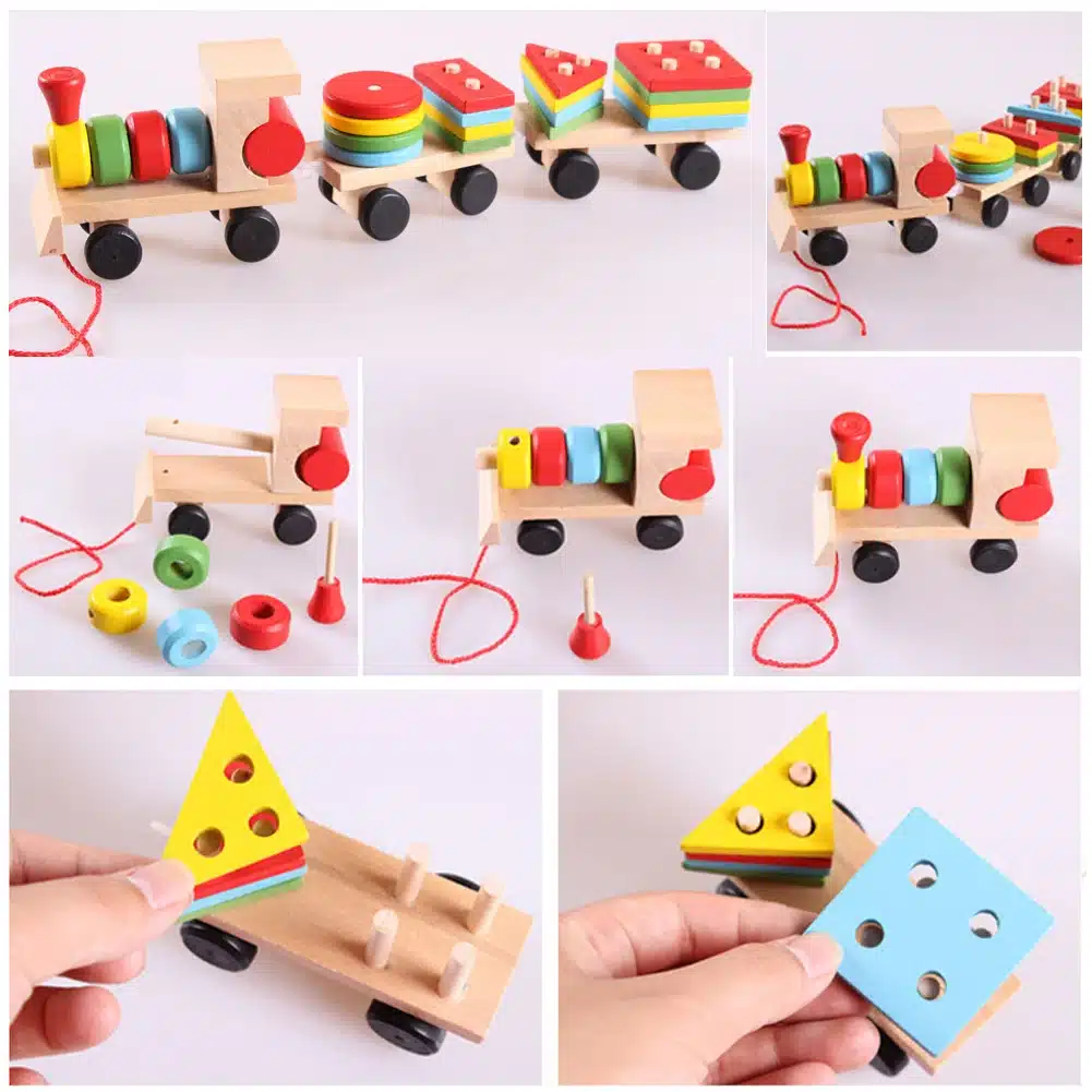 Toddler Baby Wooden Stacking Train Block Toy Fun Vehicle Block Board Game Toy Wooden Educational Toy for Children Gift 15