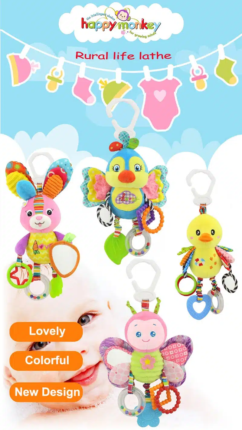 Happy Monkey baby bed bell neonatal baby toys with BB bell plush toy for baby bed hanging bell cartoon animal WJ459 1