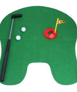 roheline golfimatt, kaks valget golfipalli, putter ja punane auk lipuga