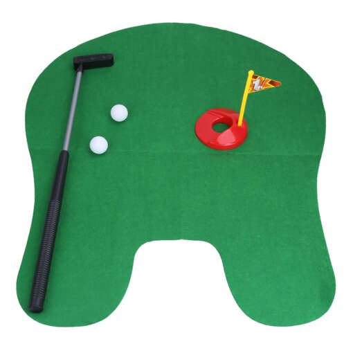 roheline golfimatt, kaks valget golfipalli, putter ja punane auk lipuga