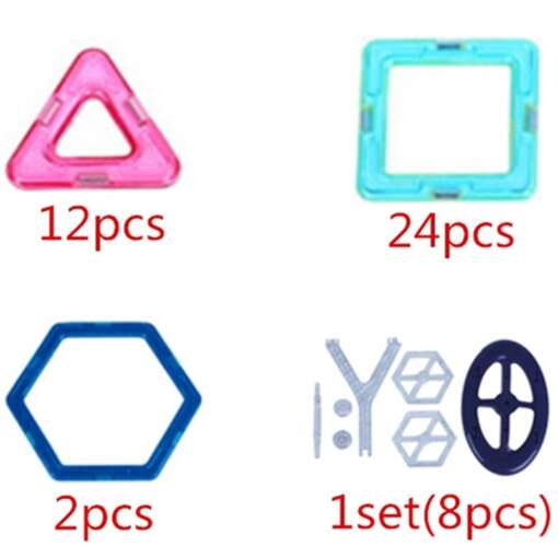 erinevat värvi geomeetrilised plastiktükid, sealhulgas kolmnurgad, ruudud ja kuusnurgad