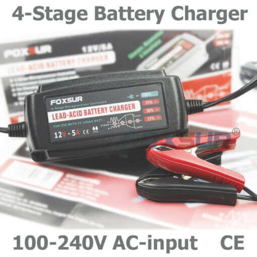 must 12V 5A autoakulaadija koos punaste ja mustade krokodillklemmidega