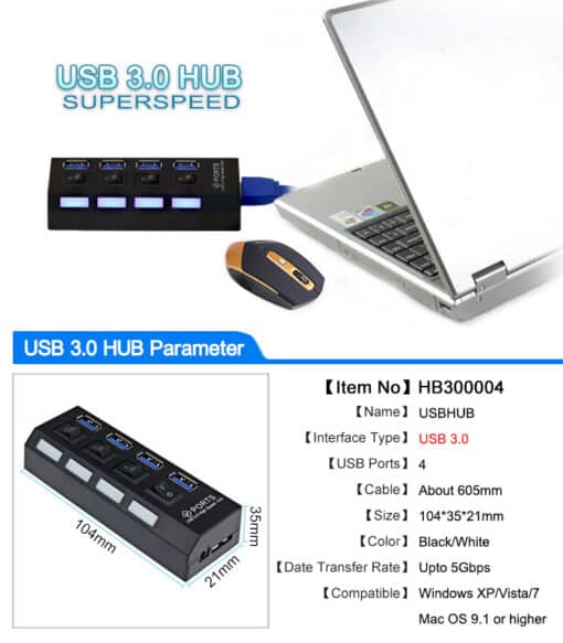 must nelja USB 3.0 pesaga jagaja sülearvuti kõrval