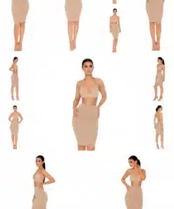 Kollaaž seksikatest kaheosalistest kleitidest, beežides toonides, mida kantakse erinevates poosides. Kleidid koosnevad stiilsest toppist ja istuvast seelikust, mis loovad elegantse välimuse. Modelleeritud valgel taustal, rõhutades kleitide kaasaegset lõikust ja minimalistlikku stiili.