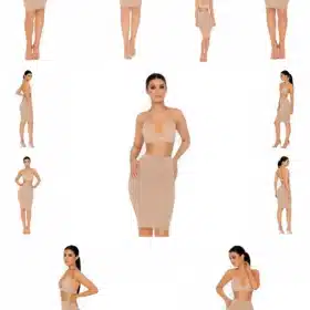 Kollaaž seksikatest kaheosalistest kleitidest, beežides toonides, mida kantakse erinevates poosides. Kleidid koosnevad stiilsest toppist ja istuvast seelikust, mis loovad elegantse välimuse. Modelleeritud valgel taustal, rõhutades kleitide kaasaegset lõikust ja minimalistlikku stiili.