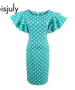 Roheline täpiline kleit kohevate varrukatega, valmistatud õhulisest kangast valge taustaga.