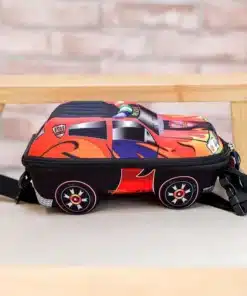 punane autokujuline laste koolikott mustade detailidega