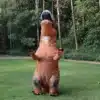 täiskasvanu kannab täispuhutavat T-Rex kostüümi rohelisel murul